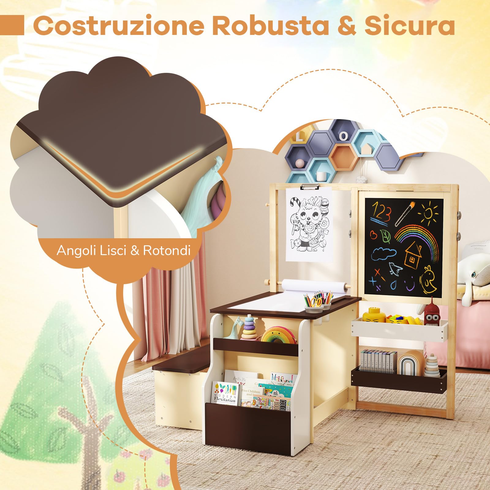 GYMAX Set di Cavalletto con Tavolo e Panca per Bambini, Scrivania Multifunzionale in Legno con Lavagna Bifacciale, Rotolo di Carta, Scaffale, Contenitore, Mobili per Attività (Caffè)