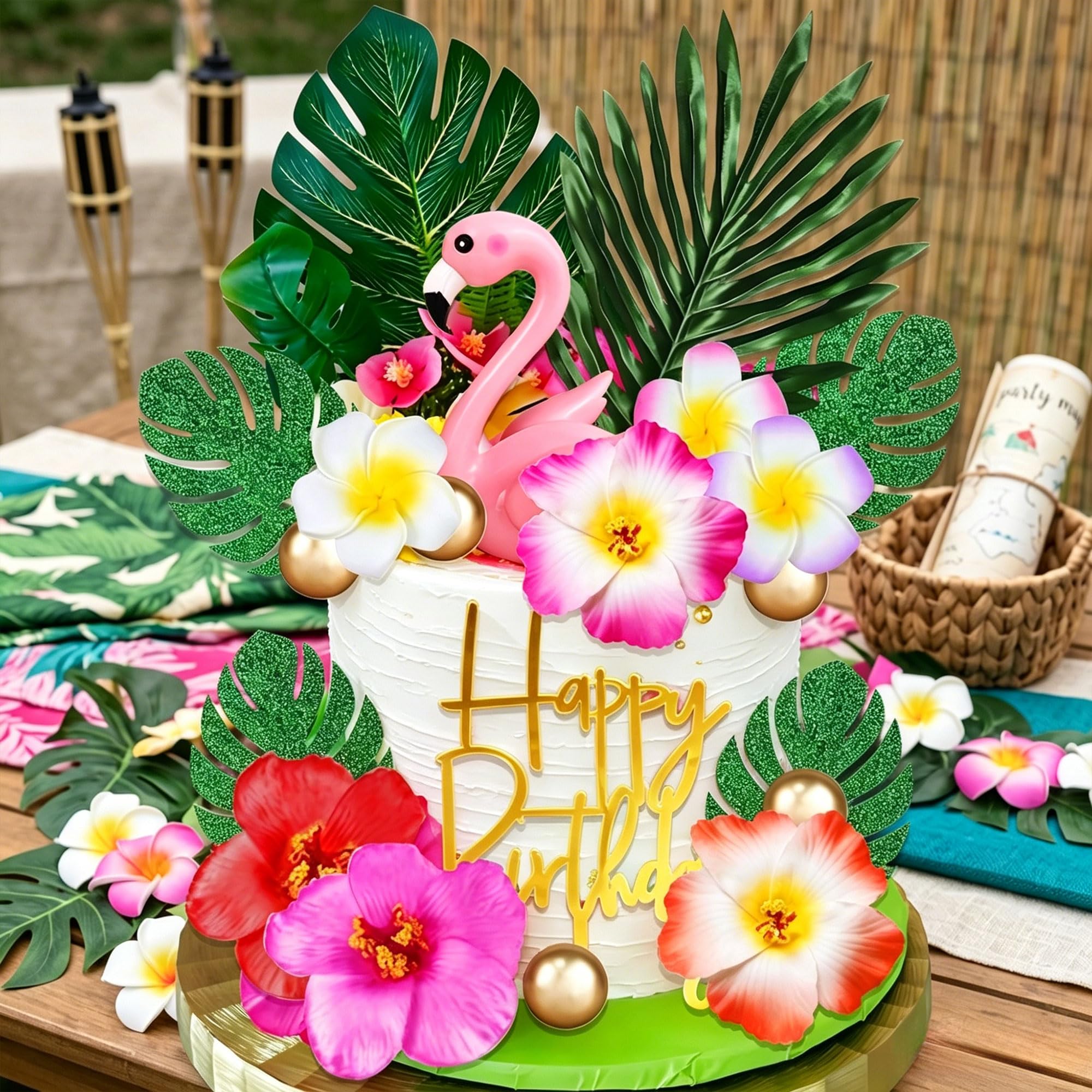 LaVenty Hawaiian Tropical Cake Decorations Flamingo Beach Cake Toppers