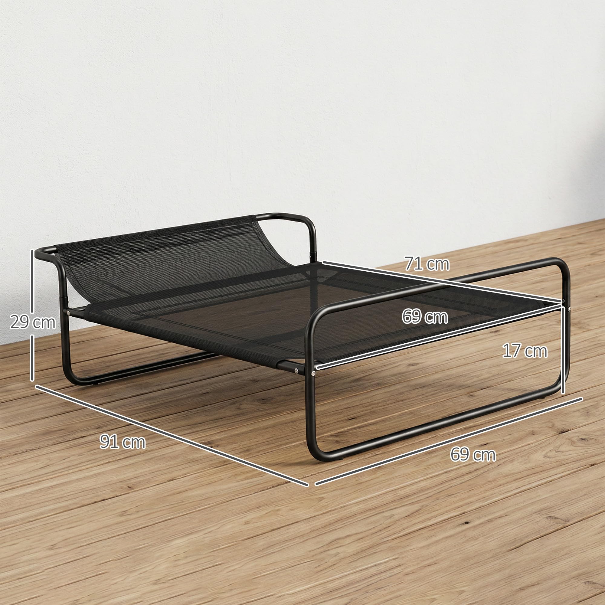 PawHut Cama Elevada para Perros, Refrescante y Transpirable, Cama para Perros Pequeños, 91x69x29 cm, Malla de Textilene, Reposacabezas Inclinado, Marco de Metal, para Interior, Exterior, Negro