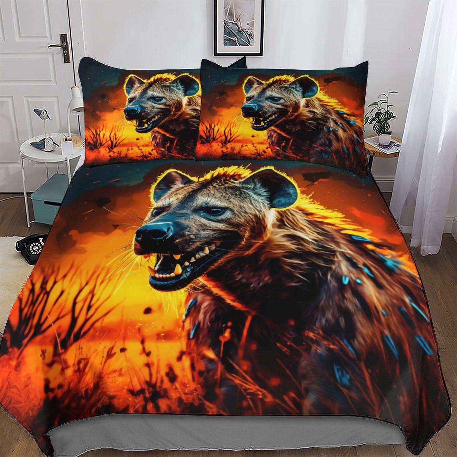 Hyena Duvet Cover Set Kids Bed Cover Adults Bedroom Quilt Cover 3 Pcs, 3D Printing Bedding Comforter Cover Bedspread, Soft Microfiber Bed Set King (220x240cm)