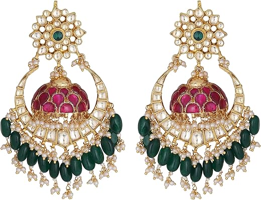 AURAA TRENDS 22KT Gold Plated Kundan Traditional Handcrafted stones Red and Green Earring set For women and girls AT-369