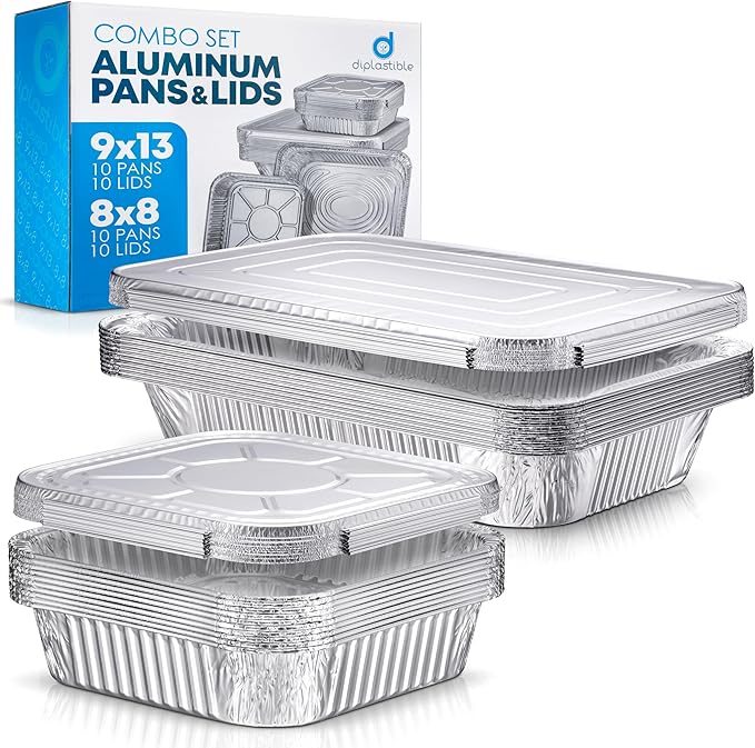 Diplastible Disposable Aluminum Pans With Lids, 9x13 (10pc) And 8x8