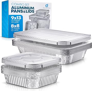 Diplastible Disposable Aluminum Pans With Lids, 9x13 10pc And 8x8 Square 10pc Combo Set, Disposable Baking and Cake Pan Pack of 20