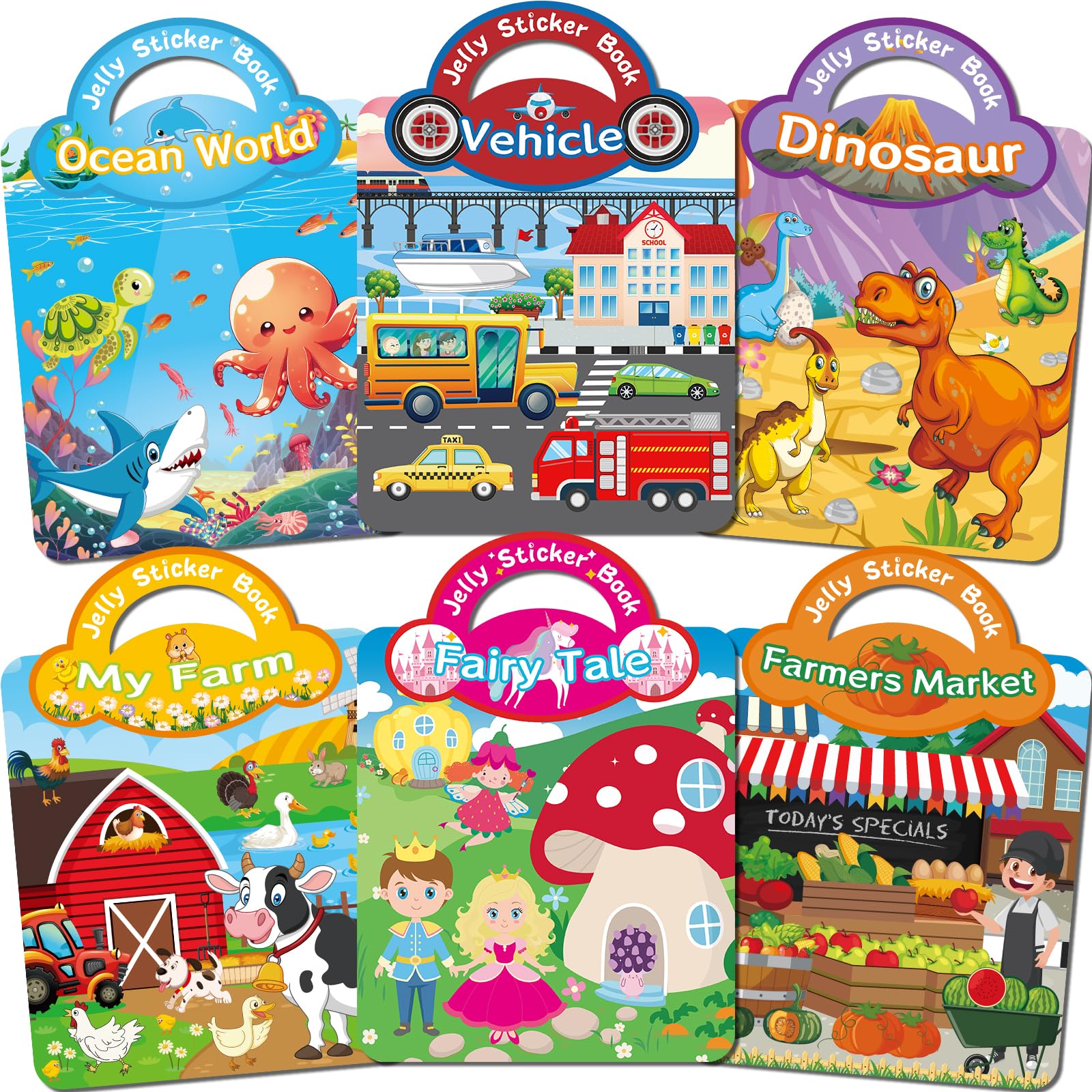 6Pack Reusable Sticker Books for Toddlers Ages 1-3 2-4, Jelly Sticker Books for Kids, Cute Sticker Books for Toddlers 2-4 Years, Sticker Activity Book for Girl Boy