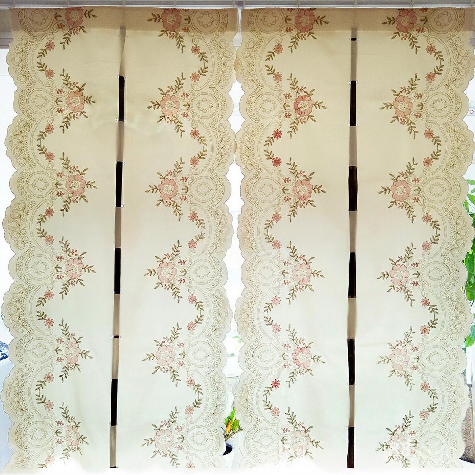 A.Monamour Rideau de Cuisine Court Petit Fenêtre Transparent Floral Broderie Voile Dentelle Rideau À Nouer De Ballon Stores Romains Brise-bise à Disques Panneaux Bistro Café Passe-Tringle, 1 Pièce