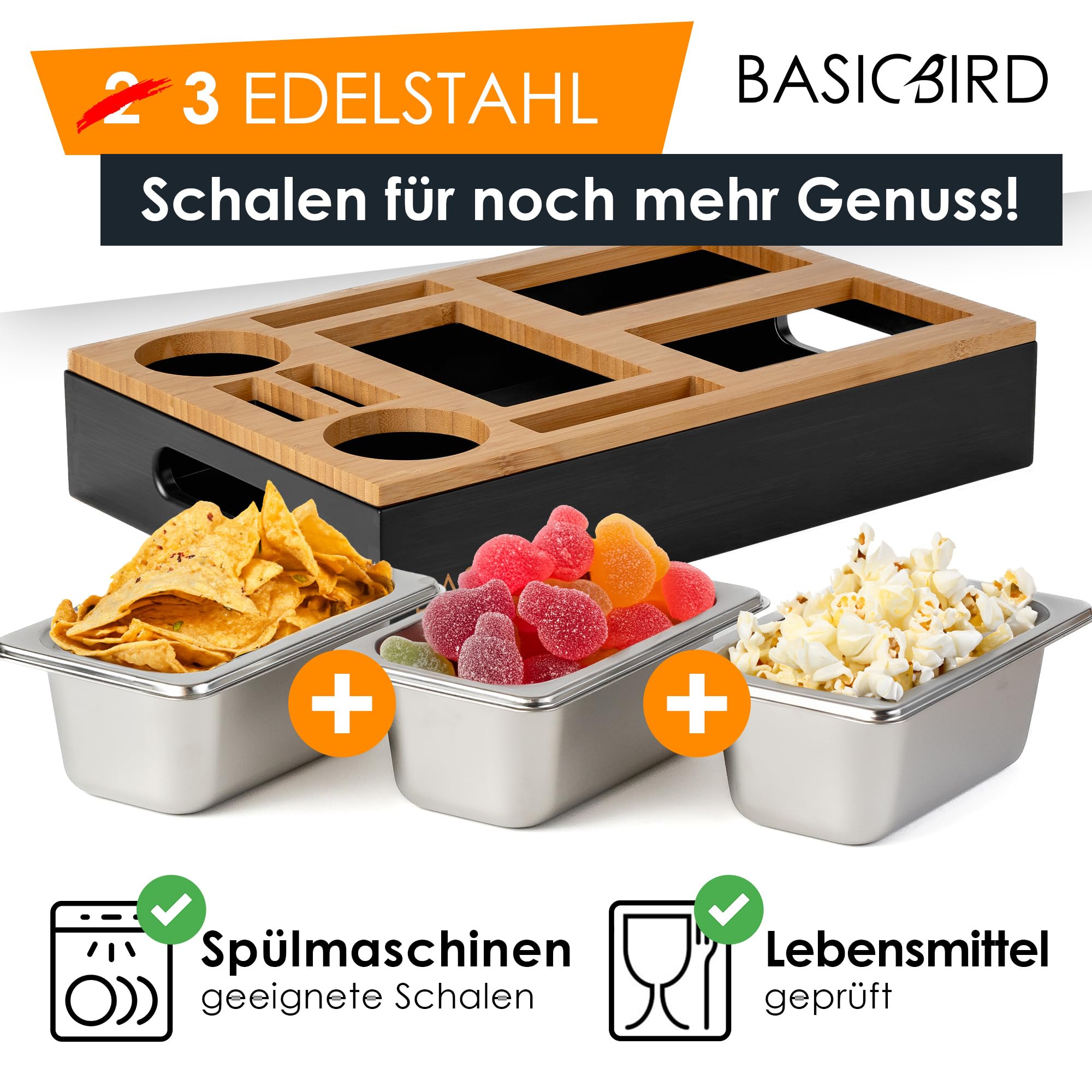 BASICBIRD® Couchbar Snackbox Organizer Tablett mit 3X Snackschale Holz Sofatablett Getränkehalter Schwarz
