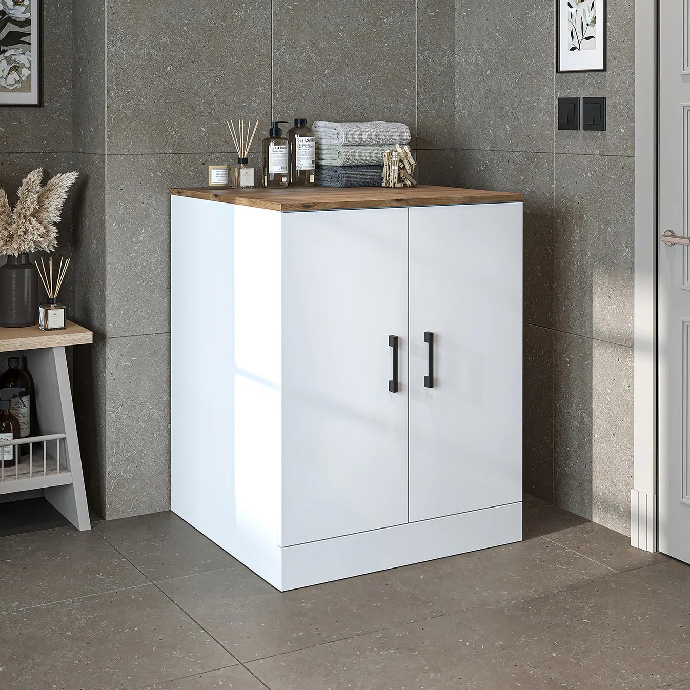 ROOMART, Badezimmer, Waschmaschinenschrank, Waschschrank, Waschmaschinenregal, Waschmaschinenüberbau - BHT: 70 x 180 x 69 cm (ohne Oberschrank, Weiß Eiche)
