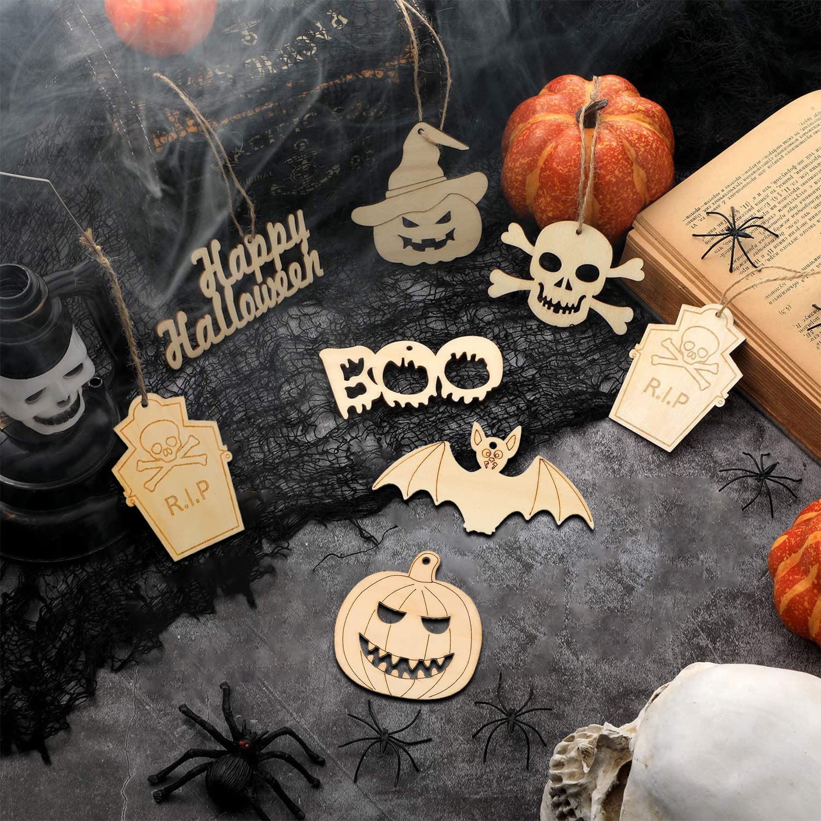 Juego De Manualidades De Halloween – 24 Discos De Madera Para Pintar Con Cuerda De Yute Y Lápices De Colores – Decoración De Calabazas Y Motivos Espeluznantes