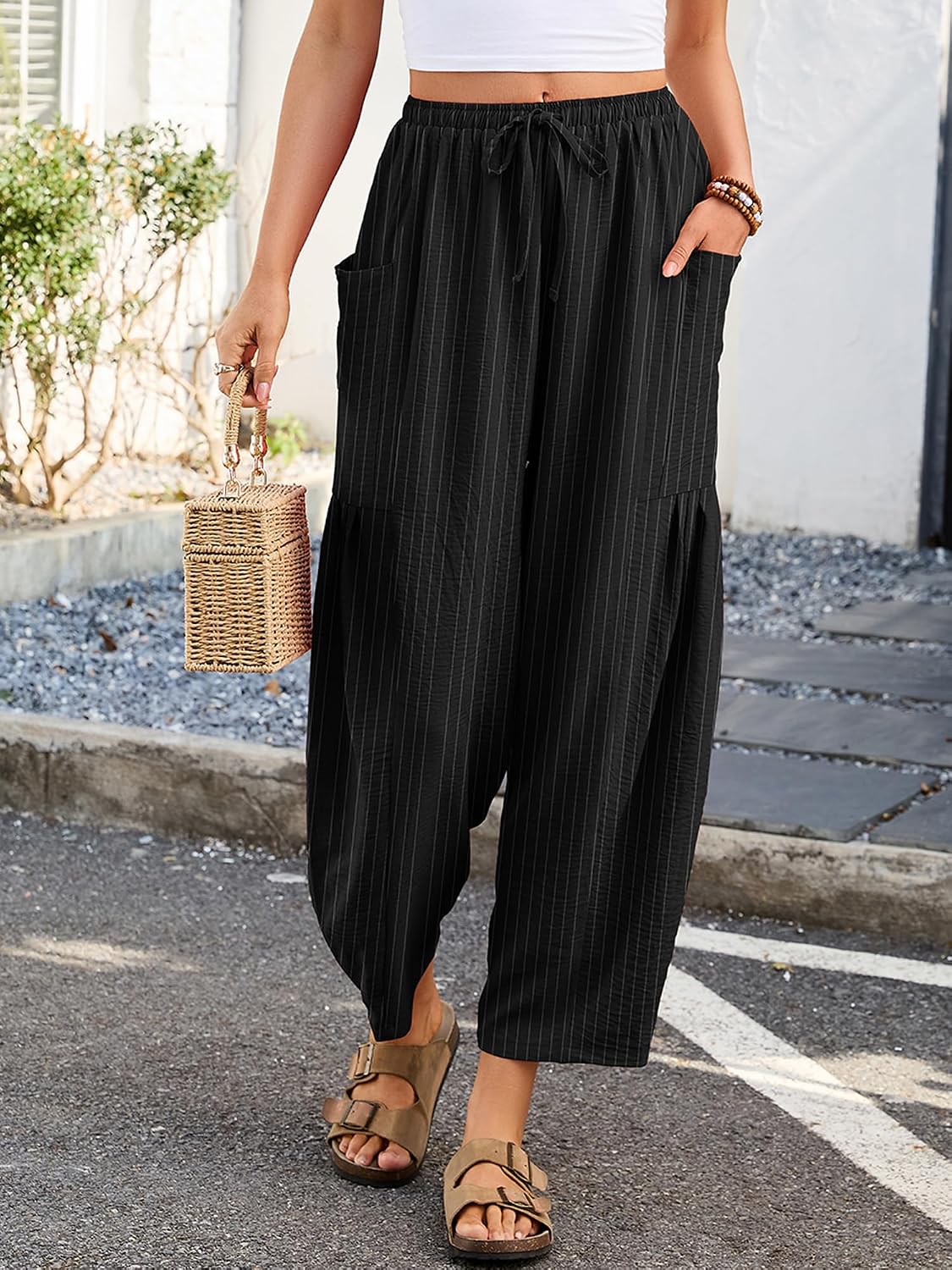 Heymoments Women‘s Wide Leg Pants High Waisted Casual Vacation Beach Palazzo Harem Trousers with Pockets S-2XL
