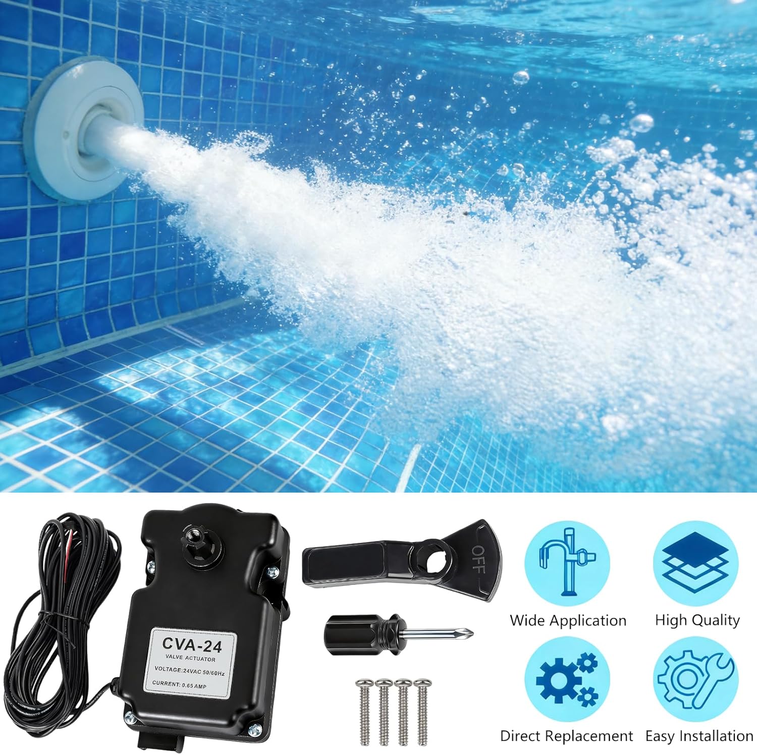 CVA-24T 24-Volt Pool Valve Actuator, Valve Actuator Replacement for 263045, 3-Port 180° Rotation Electric, 24VAC for Pools, Hot Tubs & Spas，High-Torque，include Installation Tool Kit