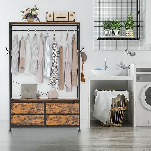 Miniatura 9 de Perchero independiente para colgar ropa, organizador de armario resistente con 4 cajones, 4 ganchos y estantes, almacenamiento de armario para