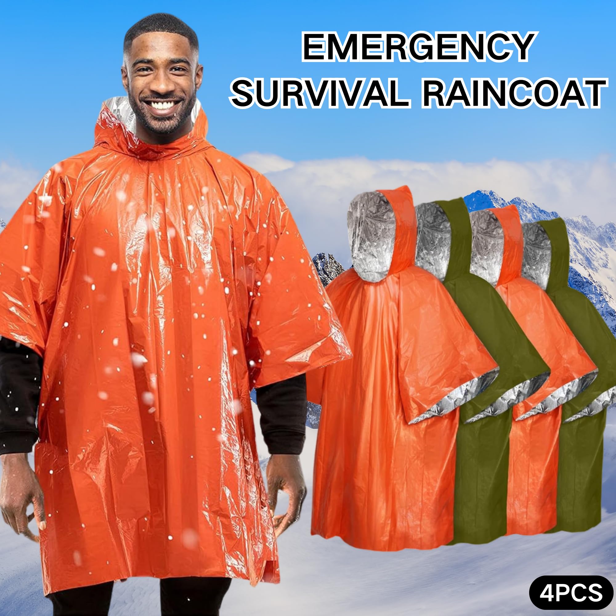 Poncho de supervivencia térmica Mylar, naranja+plata, verde+plata, 1 unidad