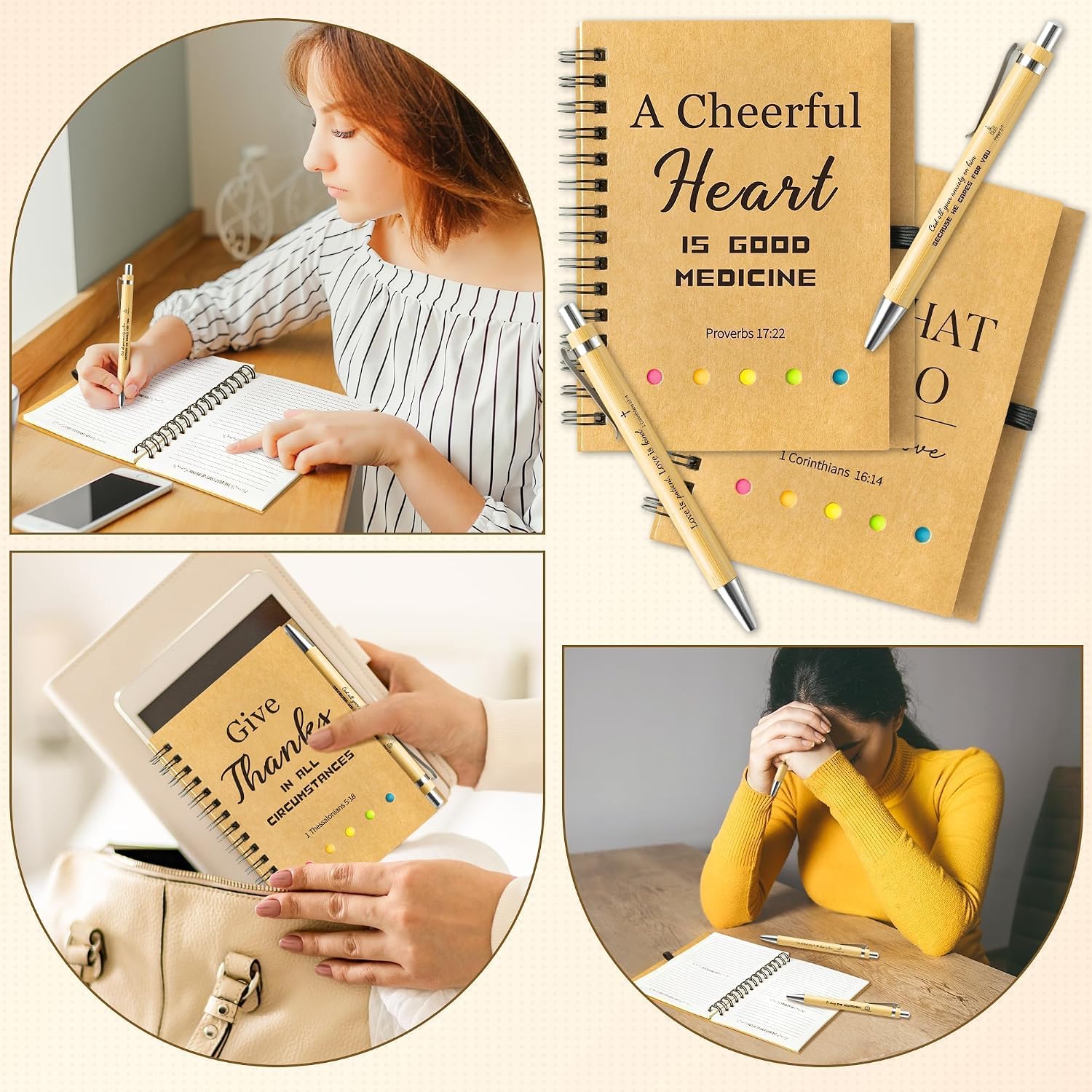 ANGOLIO Christian Gifts Bulk Religious Journal Spiral Notebooks with Pens Notepads, Easter Spring Birthday Gifts 40P Sunday School Bible Notebooks Ballpoint Pens with Sticky Notepads for Students Kids