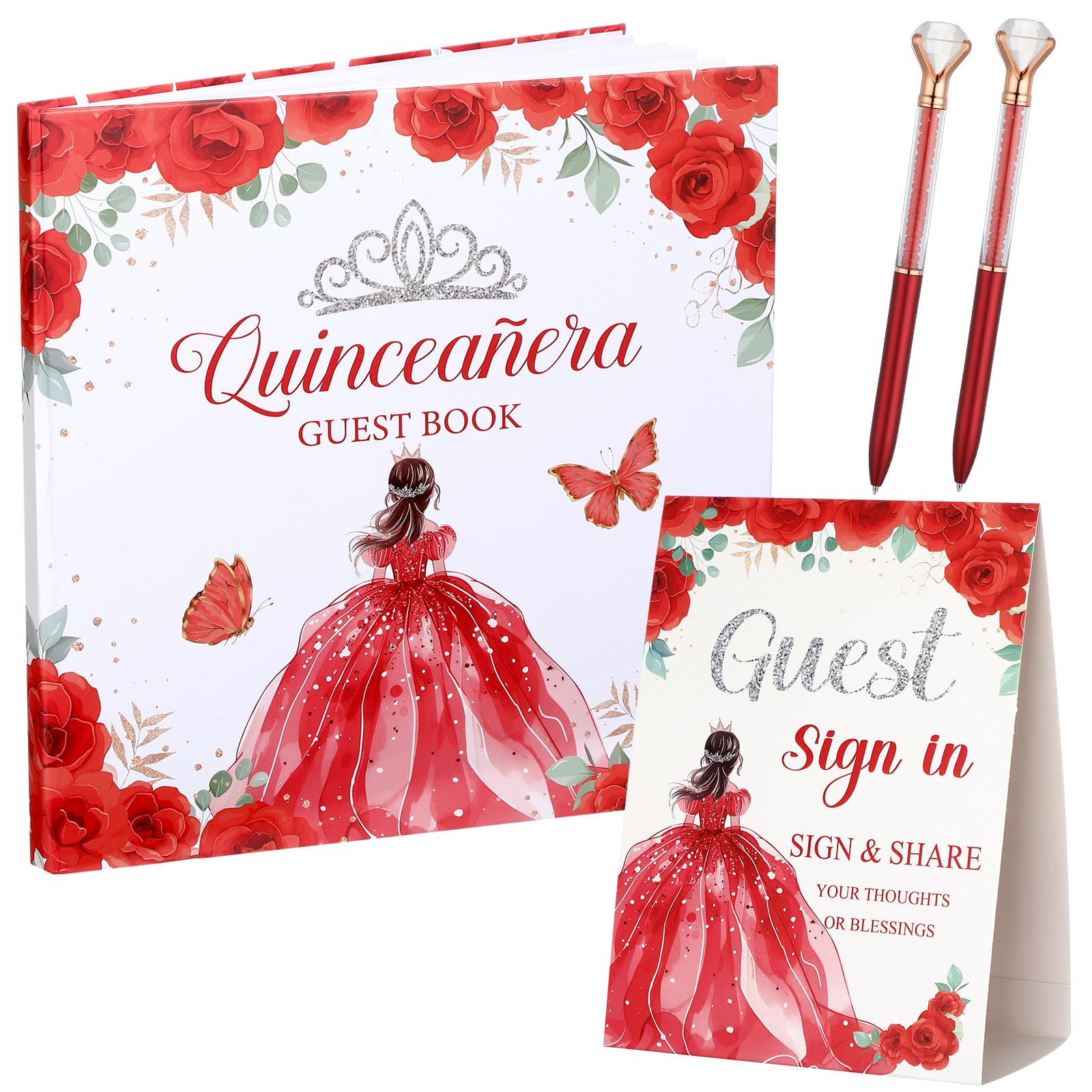 MotiMind Quinceanera Guest Book with Pen 11 x 8 Inch Libro De Firmas Para 15 Anos Quinceanera Leather Hardcover Signature Book Guest Sign in for 15th Party Favors Decoration(Pink Gold,Floral