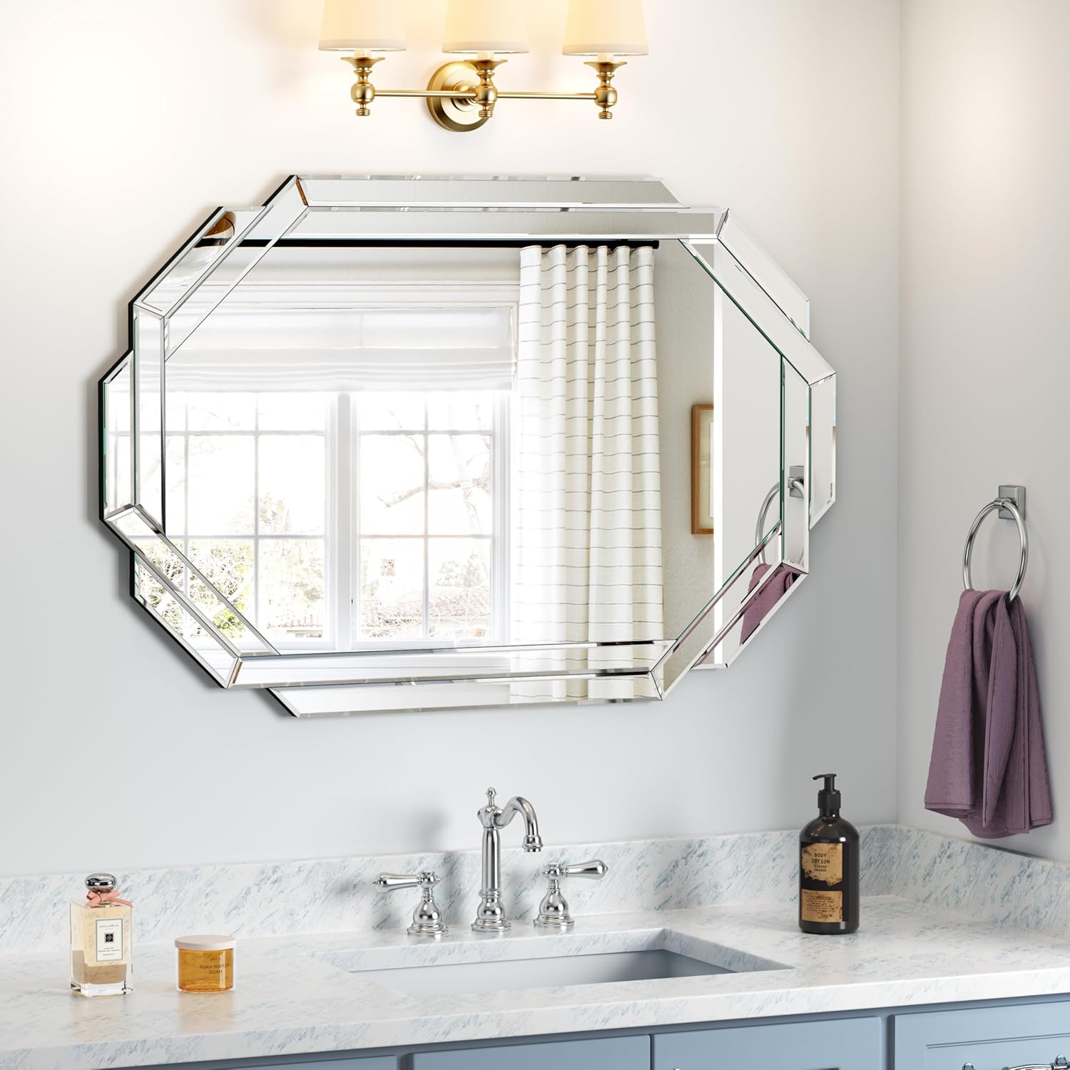 Bathroom Mirror 24”X35” Wall Mirror Decorative, Beveled Edge Frameless Mirror for Wall Octagonal Decorative Mirror Large Accent Mirror for Bathroom, Bedroom, Living Room and Enterway