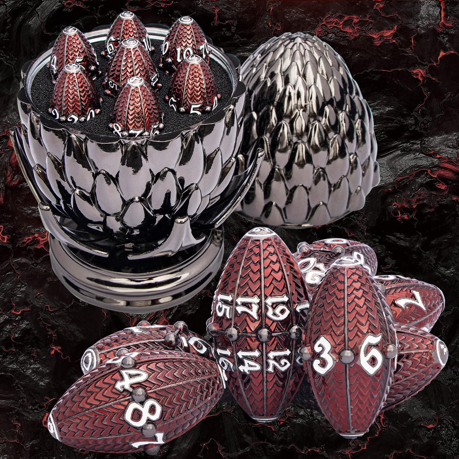 ARUOHHA DND Metal Dragons Dice Black Red Dragon Egg Dice with Rotating Dragon Egg Shell, Role Playing Game RPG Dungeons Polyhedral D and D Dice Set D20 D12 D10 D8 D6 D4