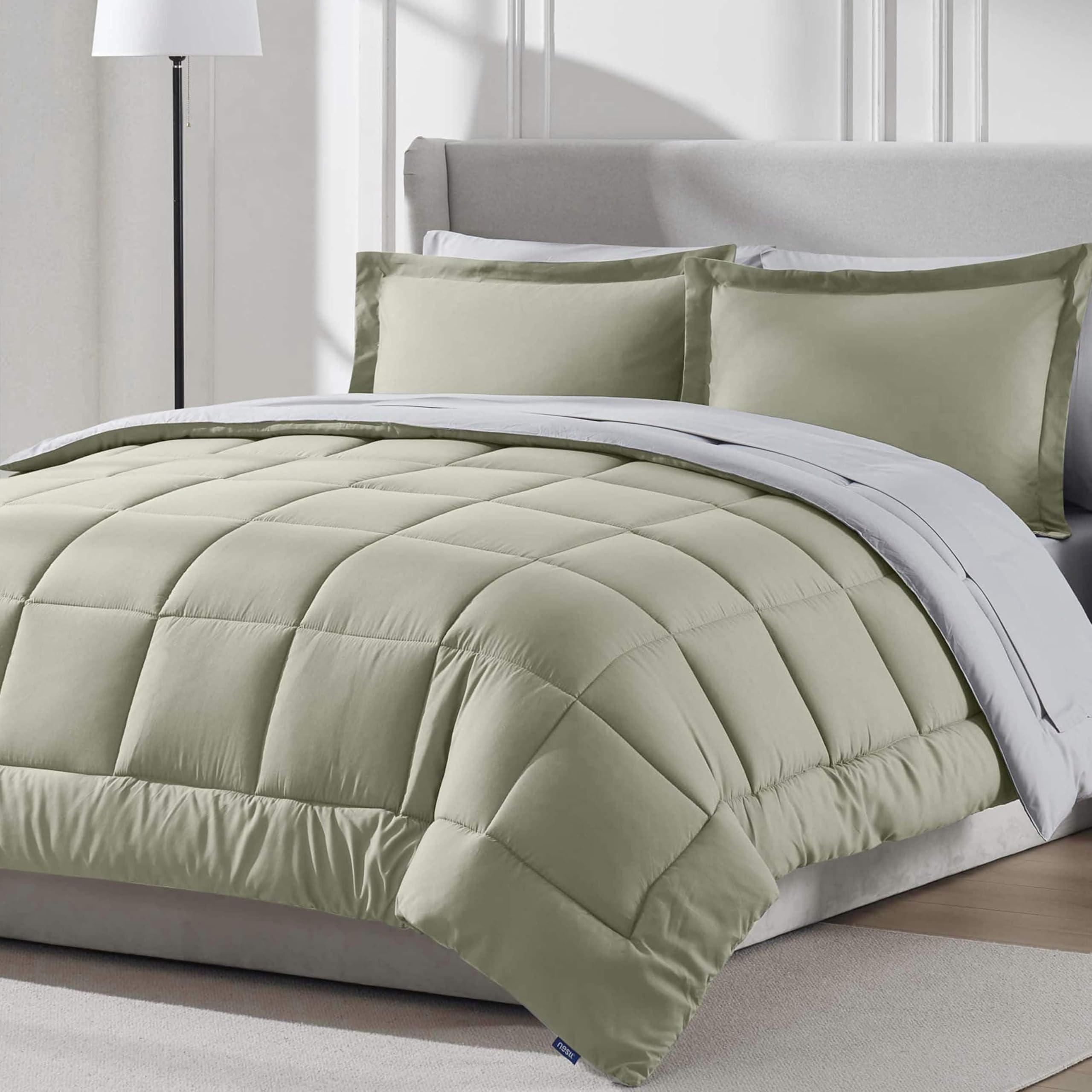 Nestl 7 Piece Queen Comforter Set – Light Sage Reversible Bed in a Bag – Complete Queen Size Bedding Set with Sheets, Pillowcases and Shams