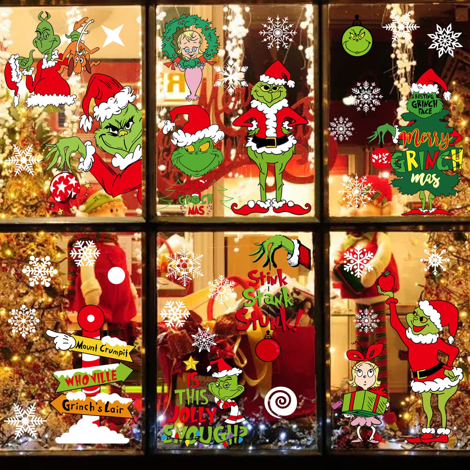 113Pcs 9 Sheets Christmas Window Clings - Large Cute Double-Sided Colorful Snowflake Decorations for Glass