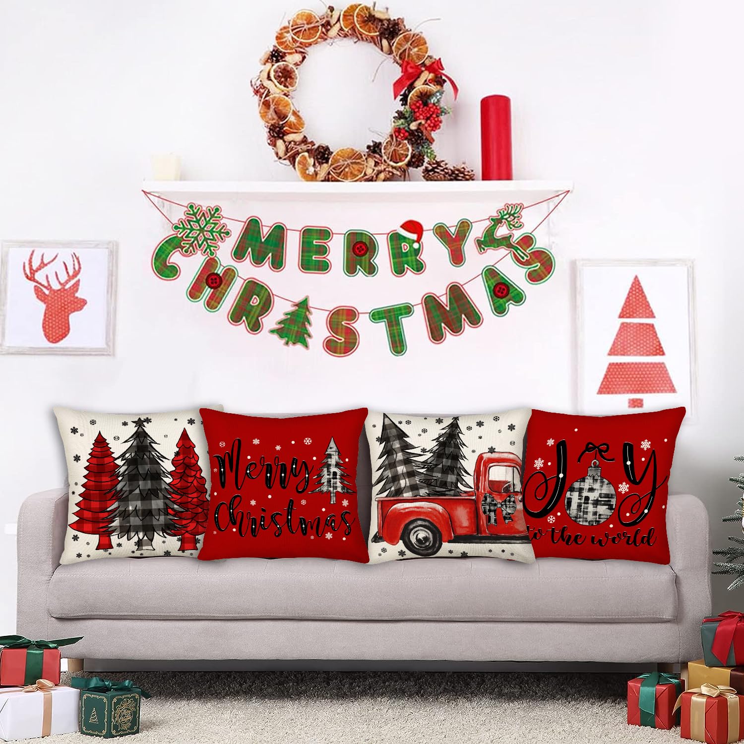 Set Of 4 Christmas Pillow Covers 18x18 – Buffalo Plaid & Holiday Designs For Couch & Bed | Farmhouse Winter Decor