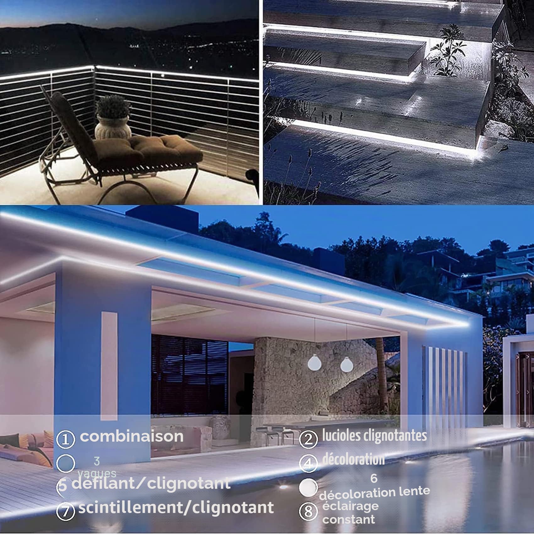 Ruban LED Solaires Exterieur 10M 240LED Étanche Bandes LED Solaires Découpable 8 Modes Strip Light avec Télécommande pour Jardin Terrasse Noël Mariage Fête (Blanc)