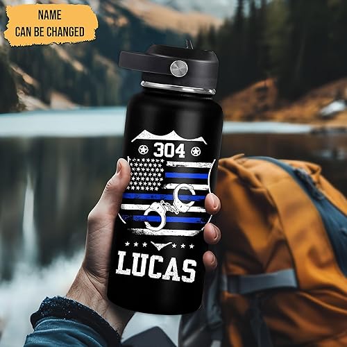 Vista 59 de Hyturtle Botella de agua personalizada de policía, botella de acero inoxidable aislada de 18 onzas, 32 onzas, bandera de línea azul fina, regalo