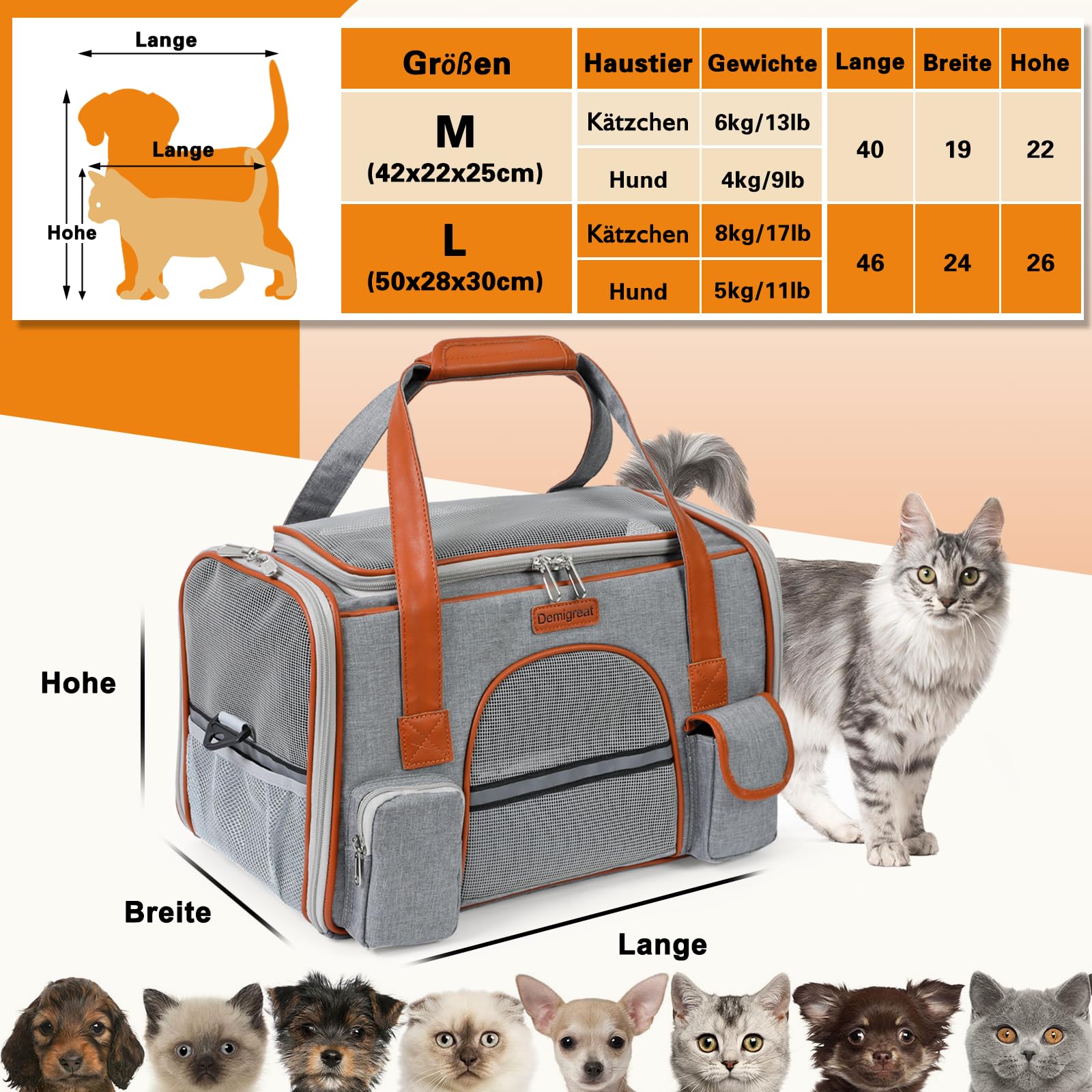 Demigreat Opvouwbare Transporttas voor Kat en Hond tot 7 kg, Ademende Transportbox voor Middelgrote Kleine Honden en Katten, Hondendraagtas Kattendraagtas Demigreat Opvouwbare Transporttas voor Kat en Hond tot 7 kg, Ademende Transportbox voor Middelgrote Kleine Honden en Katten, Hondendraagtas Kattendraagtas