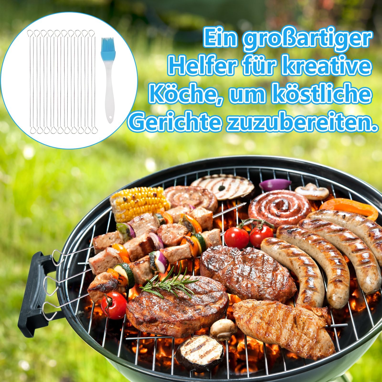 Pic a Brochette en Métal 30 cm avec Pinceau à Huile Silicone Bleu - Kit de Grillade pour Pique-nique et Camping