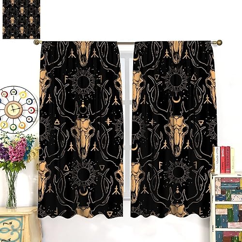 Vista 353 de Cortinas de cabeza de cabra, misteriosa cabeza de cabra malvada, calavera negra, bolsillo para barra, cortinas opacas para ventana, juego de 2