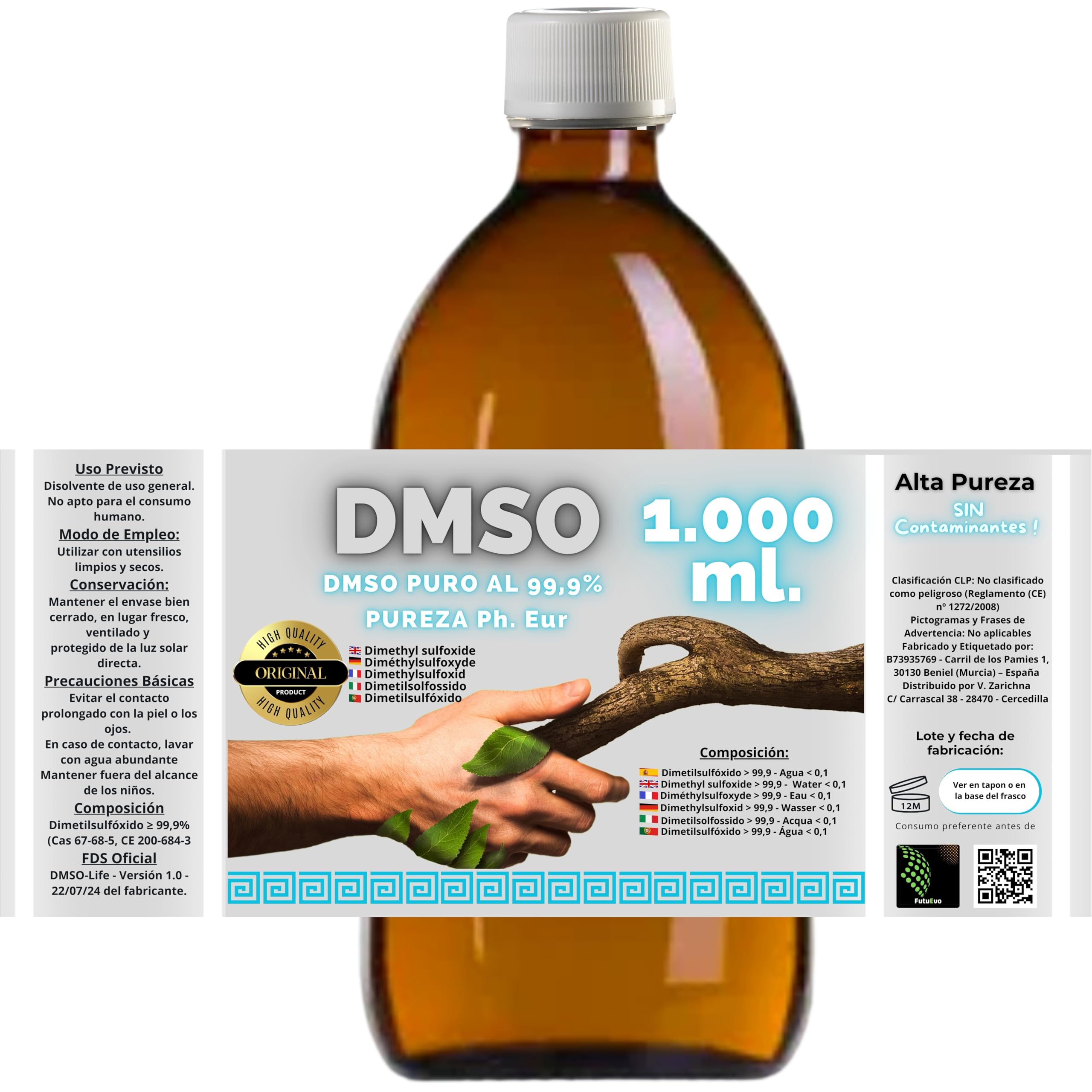 DMSO Dimetilsulfóxido 99,9% Pureza | Pack 2 x 1000 ml | Máxima Pureza | Frascos Ámbar de Laboratorio con Precinto de Seguridad | Incluye Accesorios de Dosificación