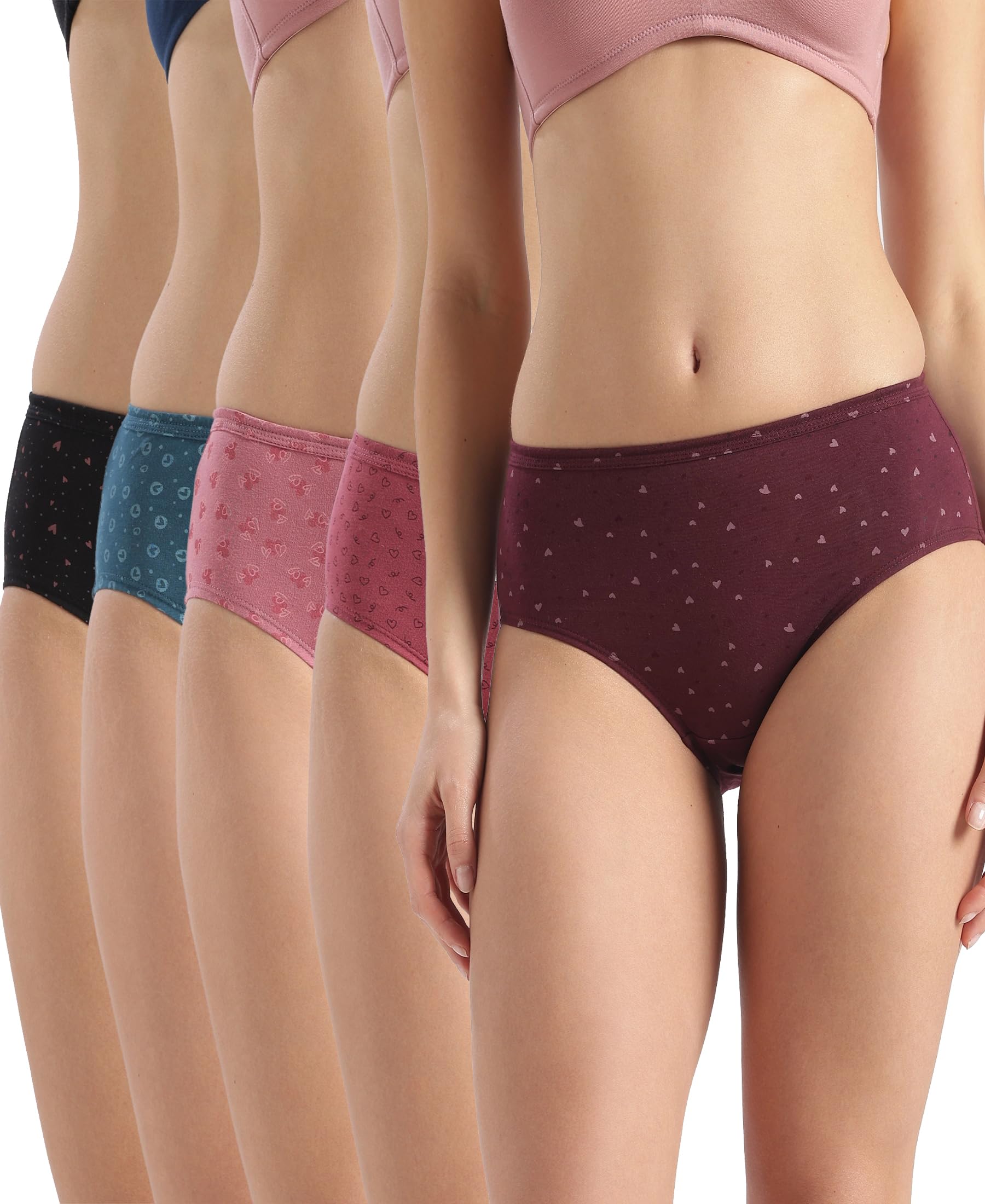 1406 Women's High Coverage Super Combed Cotton Mid Waist Hipster with Concealed Waistband and Stay Fresh Treatment (Pack of 5_Colors & Prints May Vary)