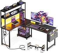 ODK 53 Inch Reversible L-Shaped Gaming Desk with LED Lights, Power Outlets, Storage Shelves, Hooks & Bag - Black Corner Computer Desk