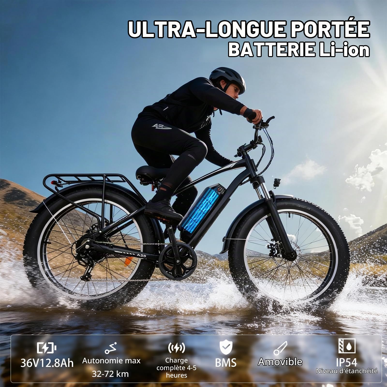 26" Vélo Électrique Adulte Autonomie 50-75km,Batterie 48V 15.6Ah(748.8Wh)，250W vtt electrique adulte homme Double Frein à Disque,IPX4,VAE Urbain et Loisirs Ebike Unisexe,150KG Load