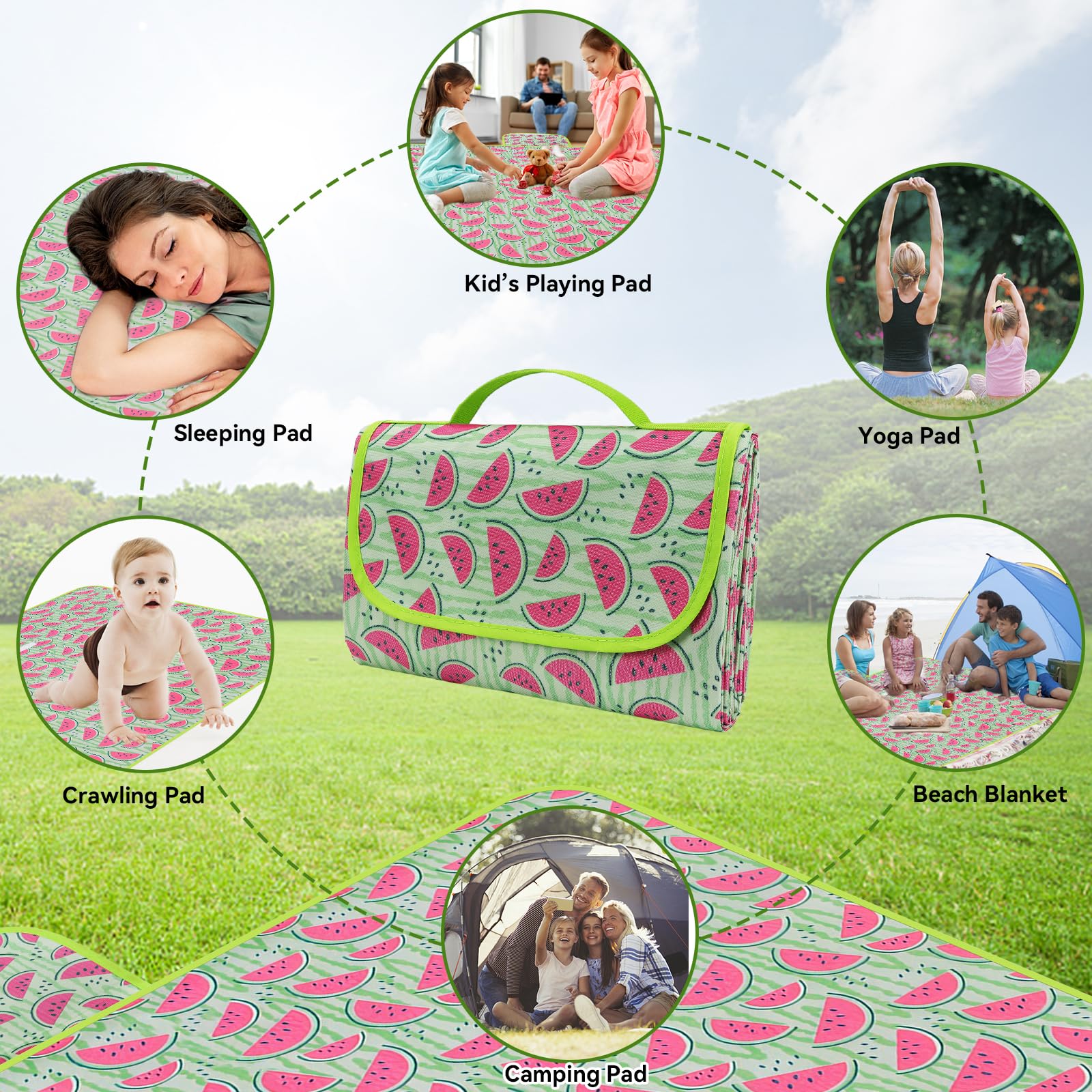 Ninonly Manta Picnic Impermeable 200X200cm Manta para Picnic de Camping Grande Tapete de Picnic Plegable con Asa Portátil para Playa, Barbacoa, Viajes, Camping Patrón de Sandía