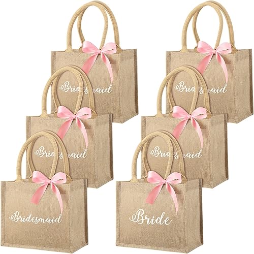 6 Pack Bridesmaid Tote Bags Bridesmaid Gift Bags Jute Burlap Tote Bags with Handles Bride Bags Pink Ribbons for Wedding