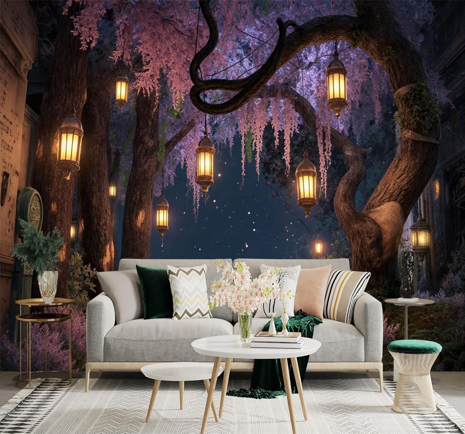 Xlming 300Cm×210Cm(B×H) Forest Path Lanterns Starry Sky Purple Flowers 3D Wallpaper Premium Textured Silk Study Dining Living Room Bedroom Sofa Tv Wall Easy Install-300Cm×210Cm