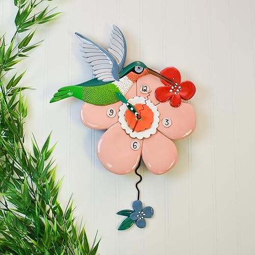 Miniatura 2 de Enesco Allen Designs - Reloj de pared de péndulo esculpido con colibrí con flores, 12.6 pulgadas, multicolor