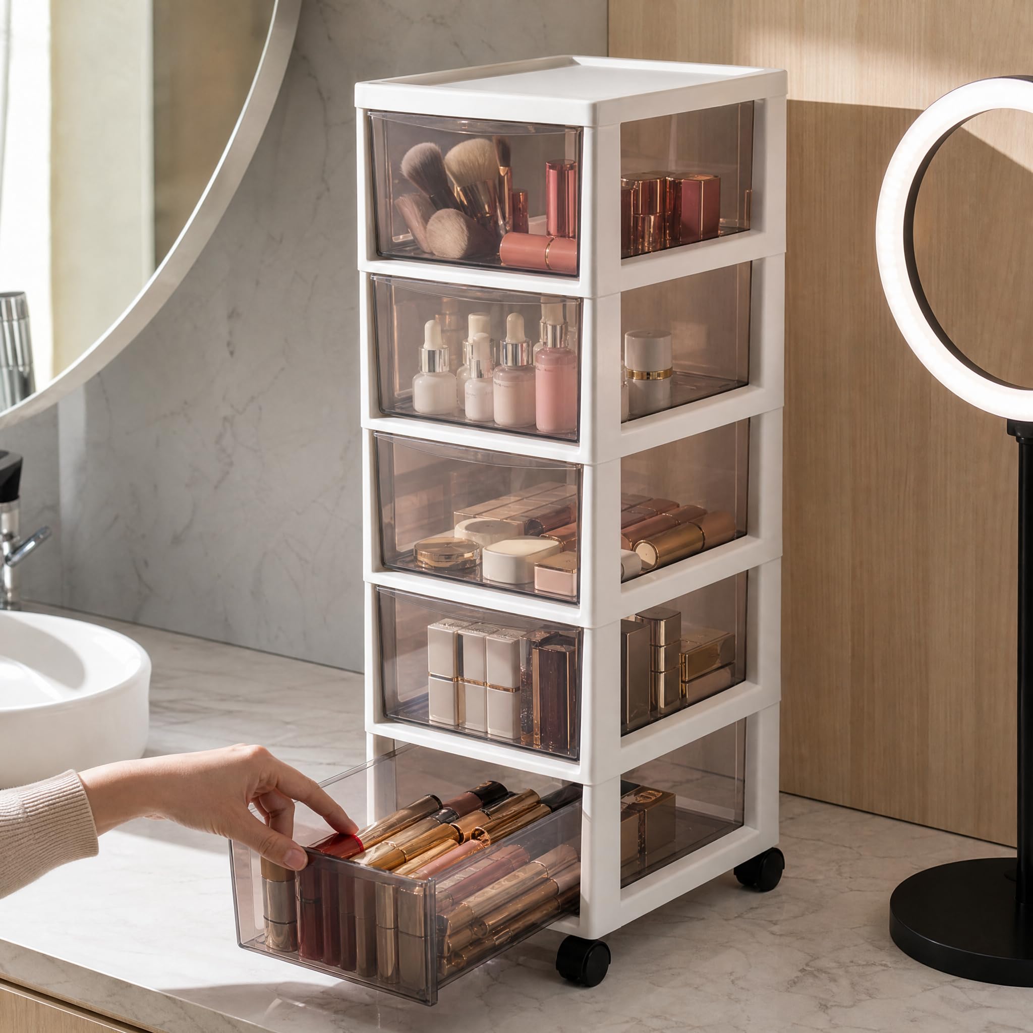 Cassettiera in Plastica PP con Base Girevole E Cassetti a Scomparsa Armadio Portatutto con Ruote per Detergenti E Spazzole Organizzatore Verticale
