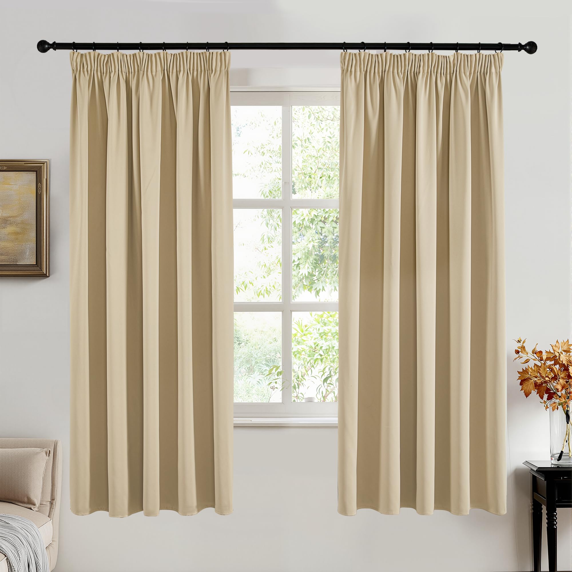 PONY DANCE 100% Blackout Curtains for Girls Bedroom - Pencil Pleat Thermal Insulated Curtains, Rod Pocket Full Blackout Drapes for Living Room with Black Liner, 66 x 72 Inch, Biscotti Beige, 2 Panels
