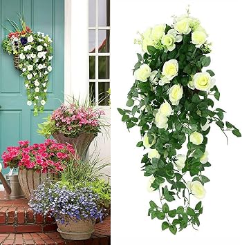 UV Simulation Artificial Petunias, Artificial Flowers for Outdoors UV Resistant Realistic, Artificial Fake Hanging Flowers Plants for Outside Home Indoor Planter Porch Roses,White, 1PC