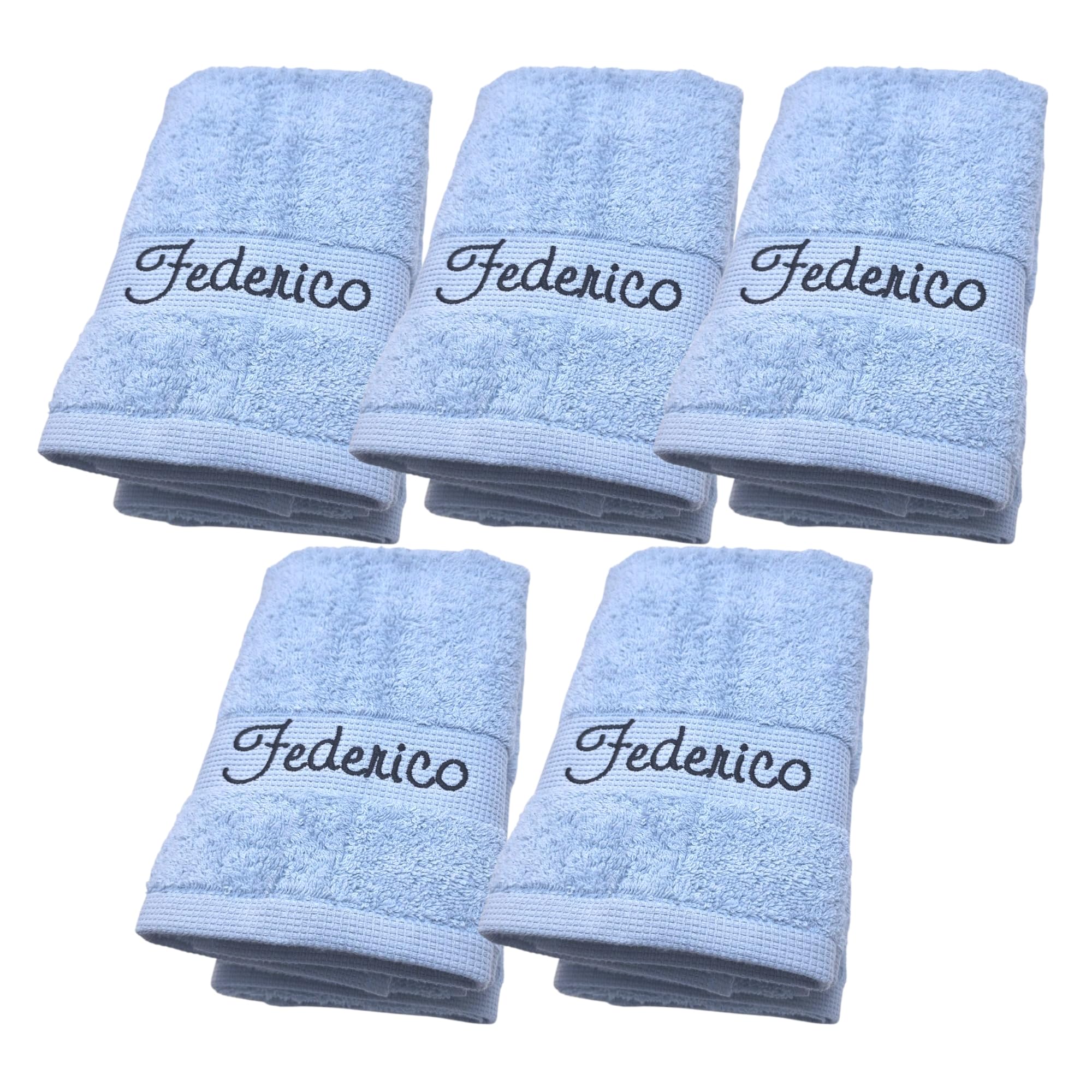 Set asciugamani per asilo. 5 asciugamani per asilo con asola e nome ricamato. Asciugamani personalizzati per bambini (Celeste, Nome)