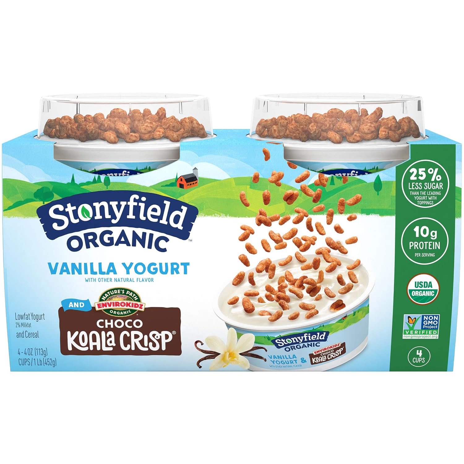 Stonyfield Organic Toppers Vanilla Lowfat Yogurt with Nature's Path EnviroKidz Koala Crisps Cereal, 4 oz. Servings, (Pack of 4)