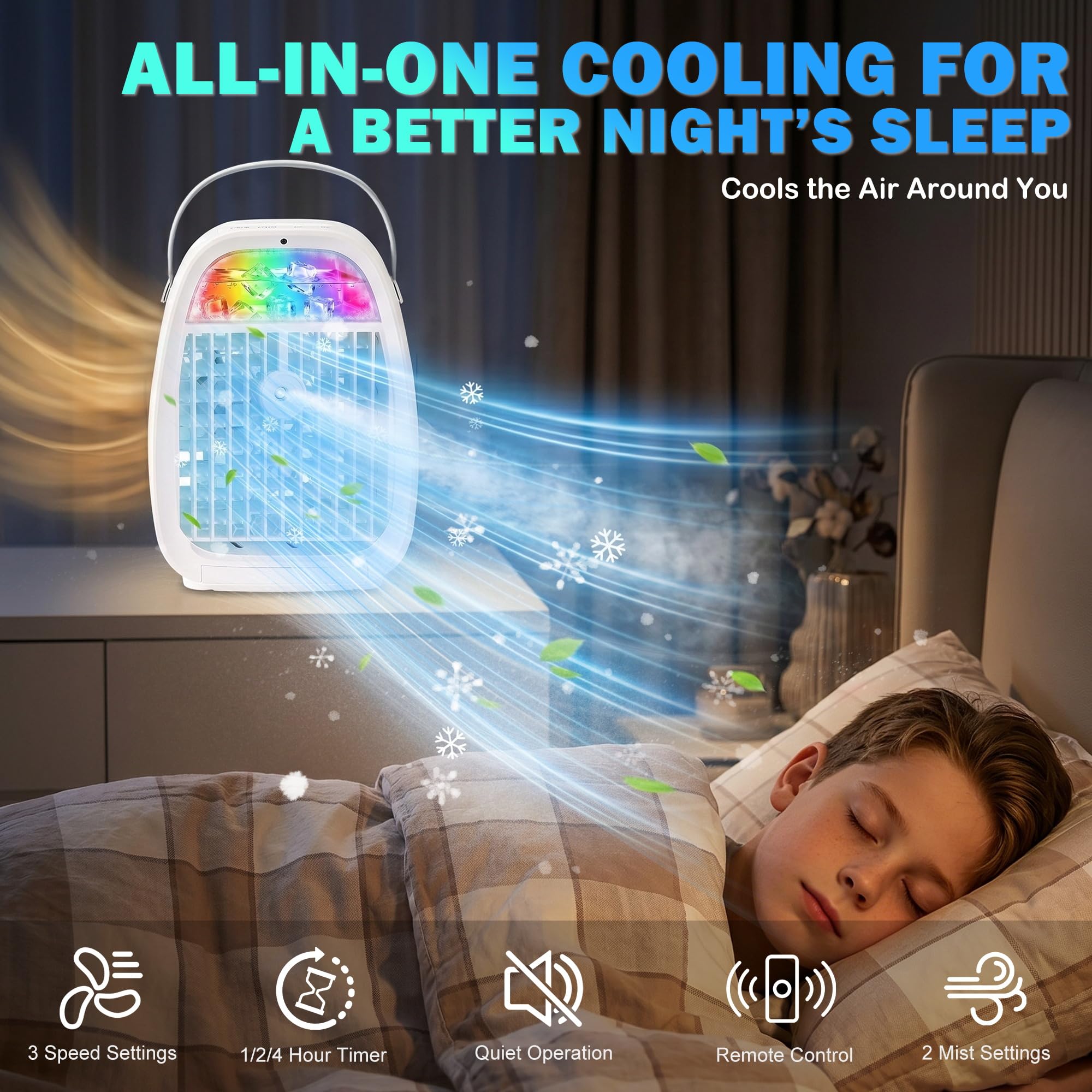 Climatiseur Mobile 1100ML, Mini Rafraîchisseur d’Air 4 en 1 avec Télécommande, Ventilateur Brumisateur USB, 2 Modes Brume, 3 Vitesses, Minuteur 1H/2H/4H, Veilleuse LED, pour Chambre Bureau Camping