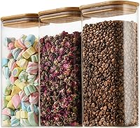 Vista 1 de Juego de 3 contenedores herméticos de almacenamiento de vidrio rectangular de 64 onzas con tapas de bambú, frasco cuadrado de almacenamiento