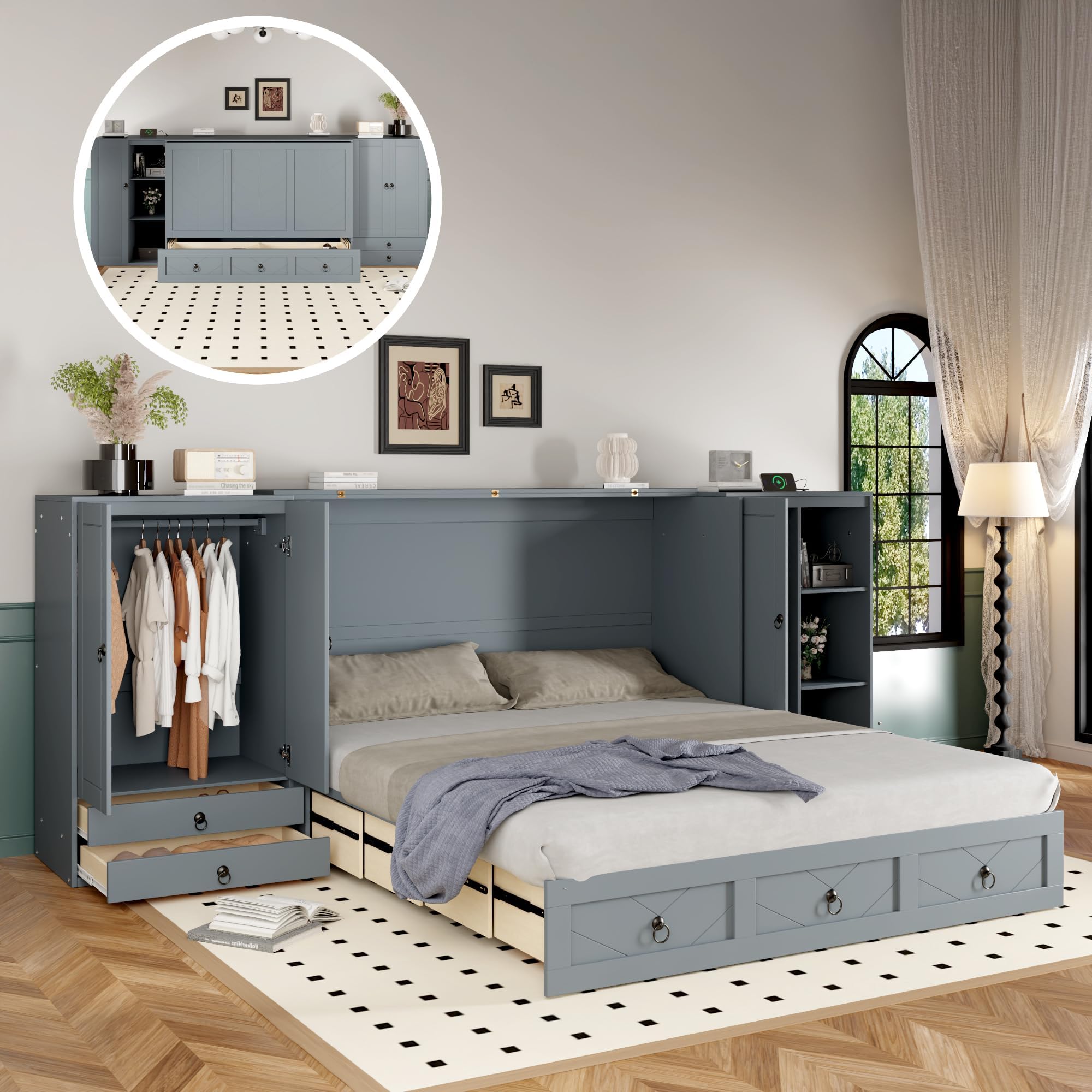 Versatile Queen Size Murphy Bed with Little Wardrobes and Drawers, Solid Wood Cube Cabinet Bed Convertible Bed with USB Ports for Bedrooms Guest Room Office (Gray-9.12)