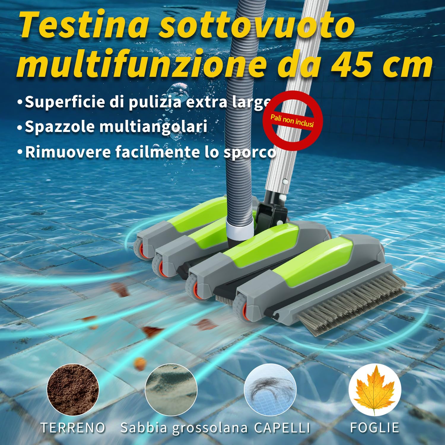 Spazzola Aspirafango Piscina 45 cm con Ruote, Spazzola Aspiratore Piscina con Attacco Aspirazione, Spazzola Fondo Piscina Flessibile con Spazzole Laterali, Compatibile con Tubi 3.2 cm e 3.8 cm