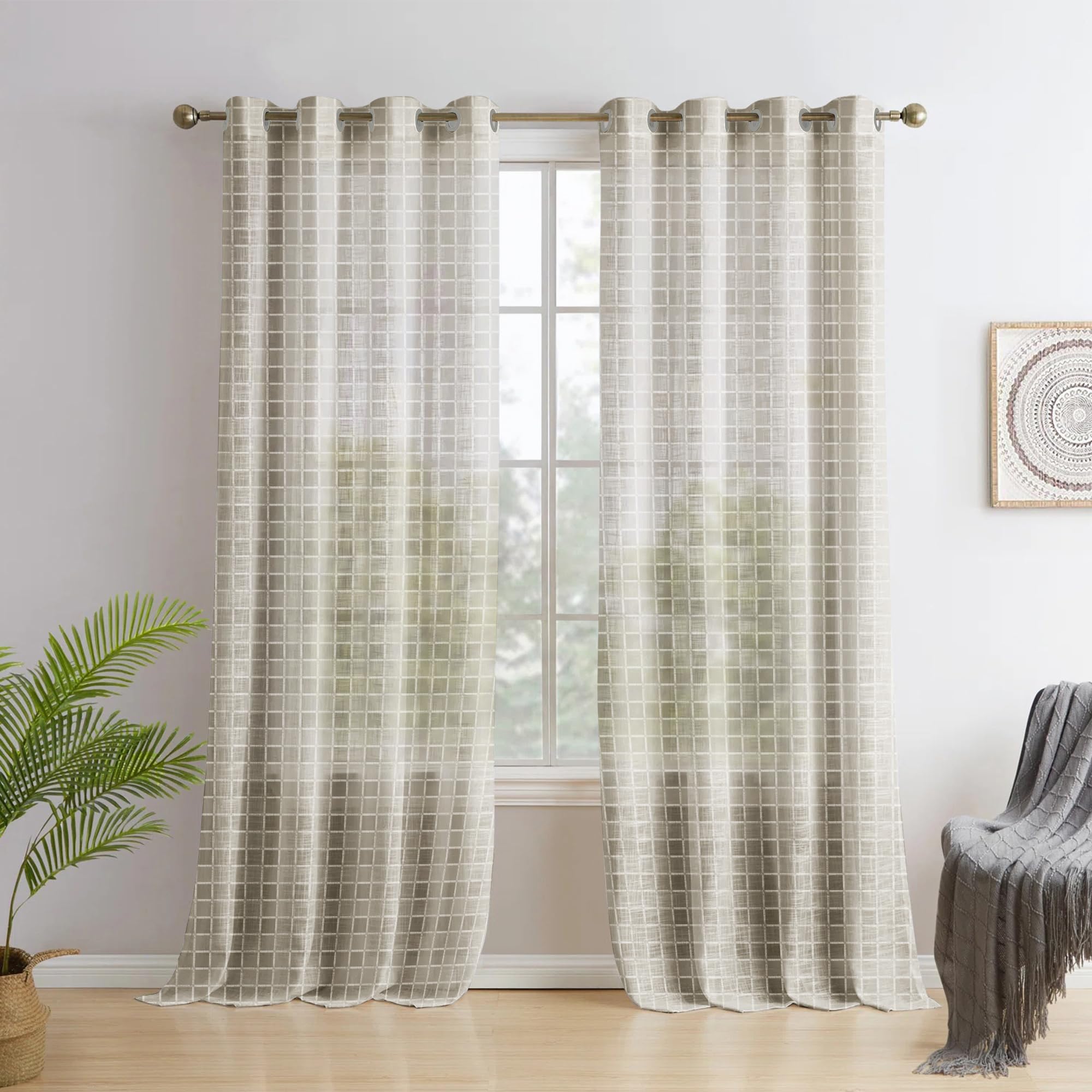 Story@Home Sheer Curtains 7 Feet Long Set of 2 | Checkered Print | Transparent Net Curtain | Door Curtains for Living Room | (118 X 215 Cm, Light Brown) | Elegant Airy Net Drapes for Home Decor