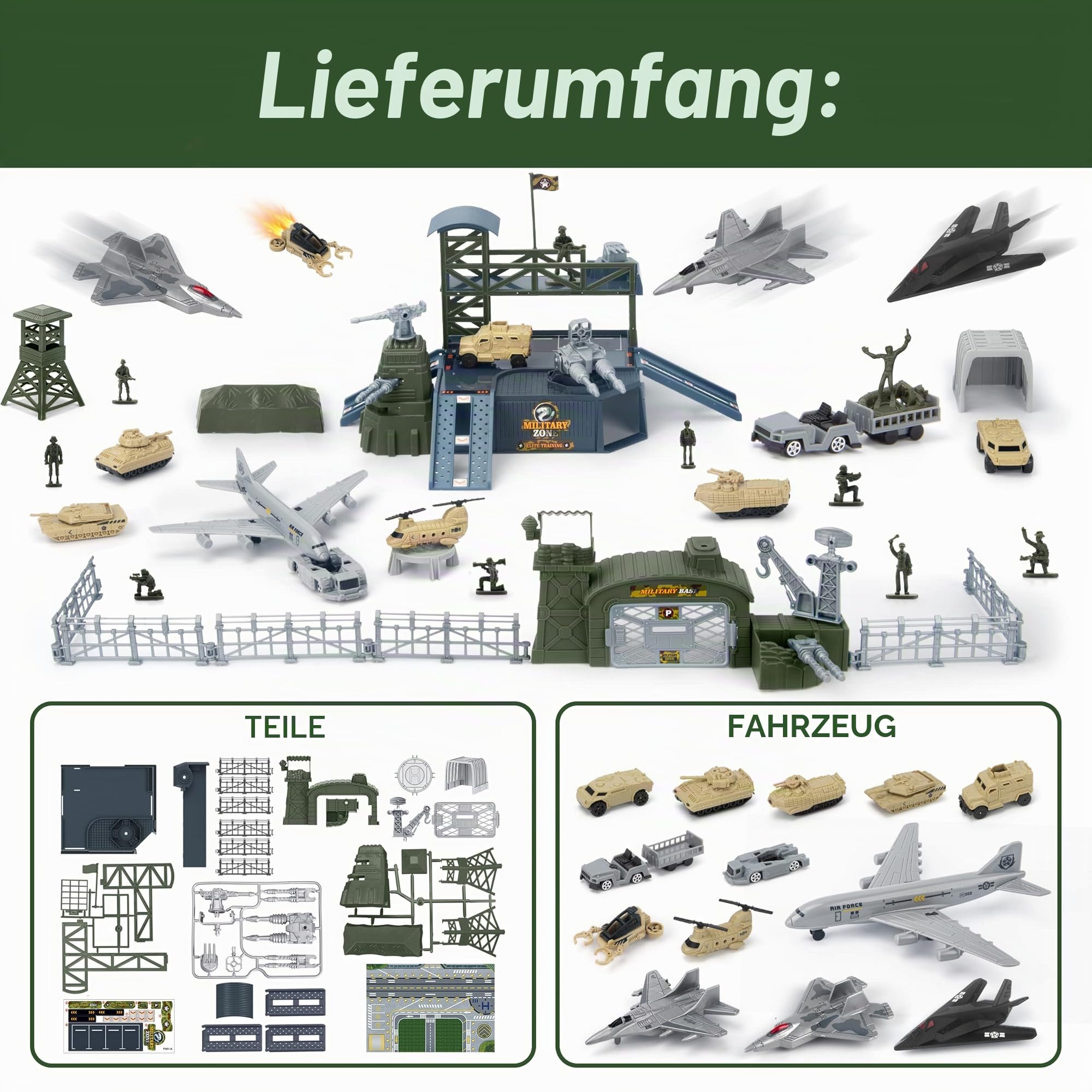 XDUOYJOY Militär Panzer LKW Spielzeug mit 13 Fahrzeugen, Hubschrauber Kampfjet Spielmatte Soldaten Figuren, Geburtstagsgeschenk für Jungen ab 3 Jahren