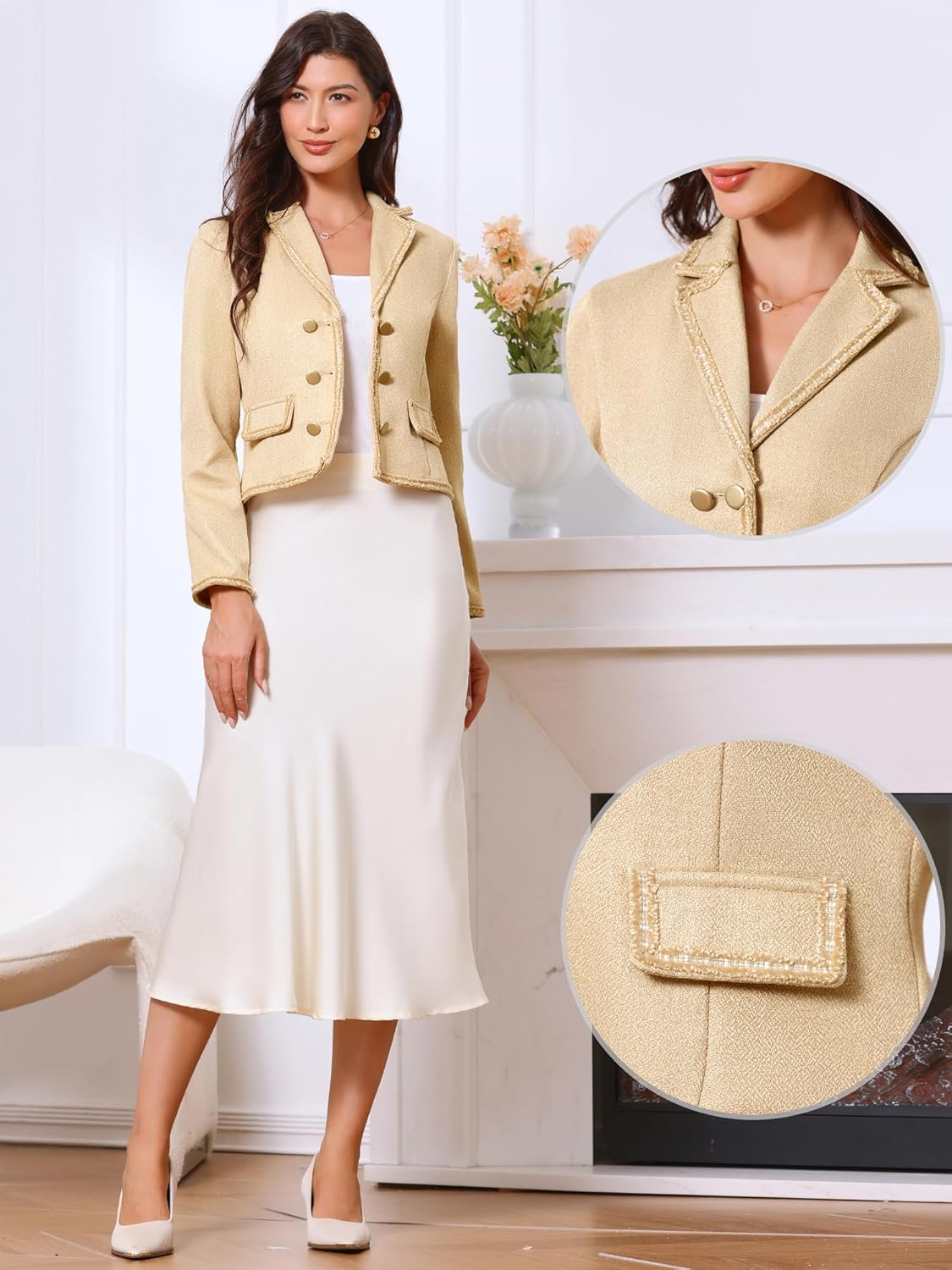 Allegra K Dressy Casual Tweed Jacket for Women's Elegant Double Breasted Long Sleeve Cropped Blazer - Image 2