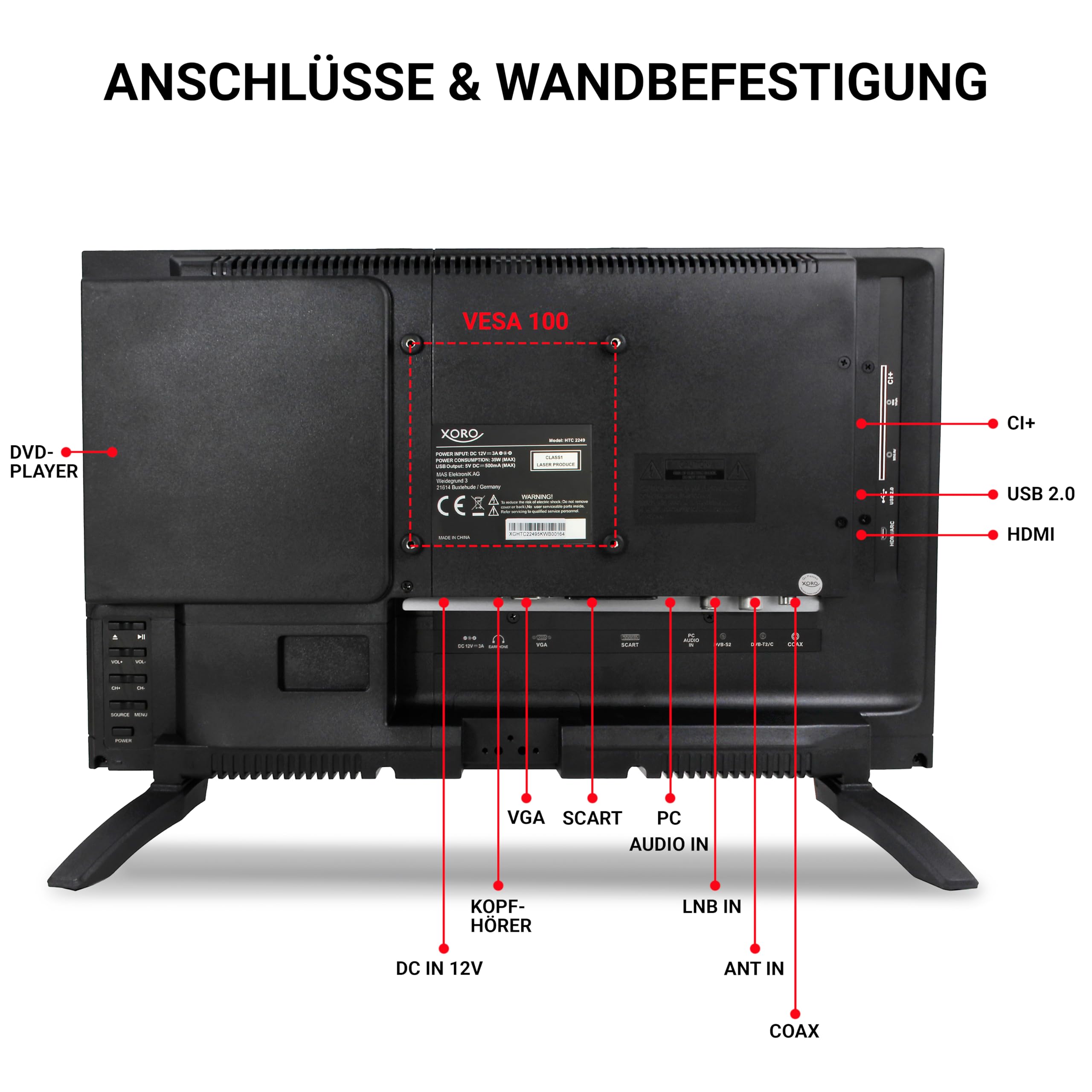 XORO HTC 2249 21.5" Zoll (55 cm) LCD Fernseher mit HDTV Triple Tuner, integrierter Slot-In DVD Player, USB 2.0 Mediaplayer, CI+ Schacht, 12V Anschluss, schwarz