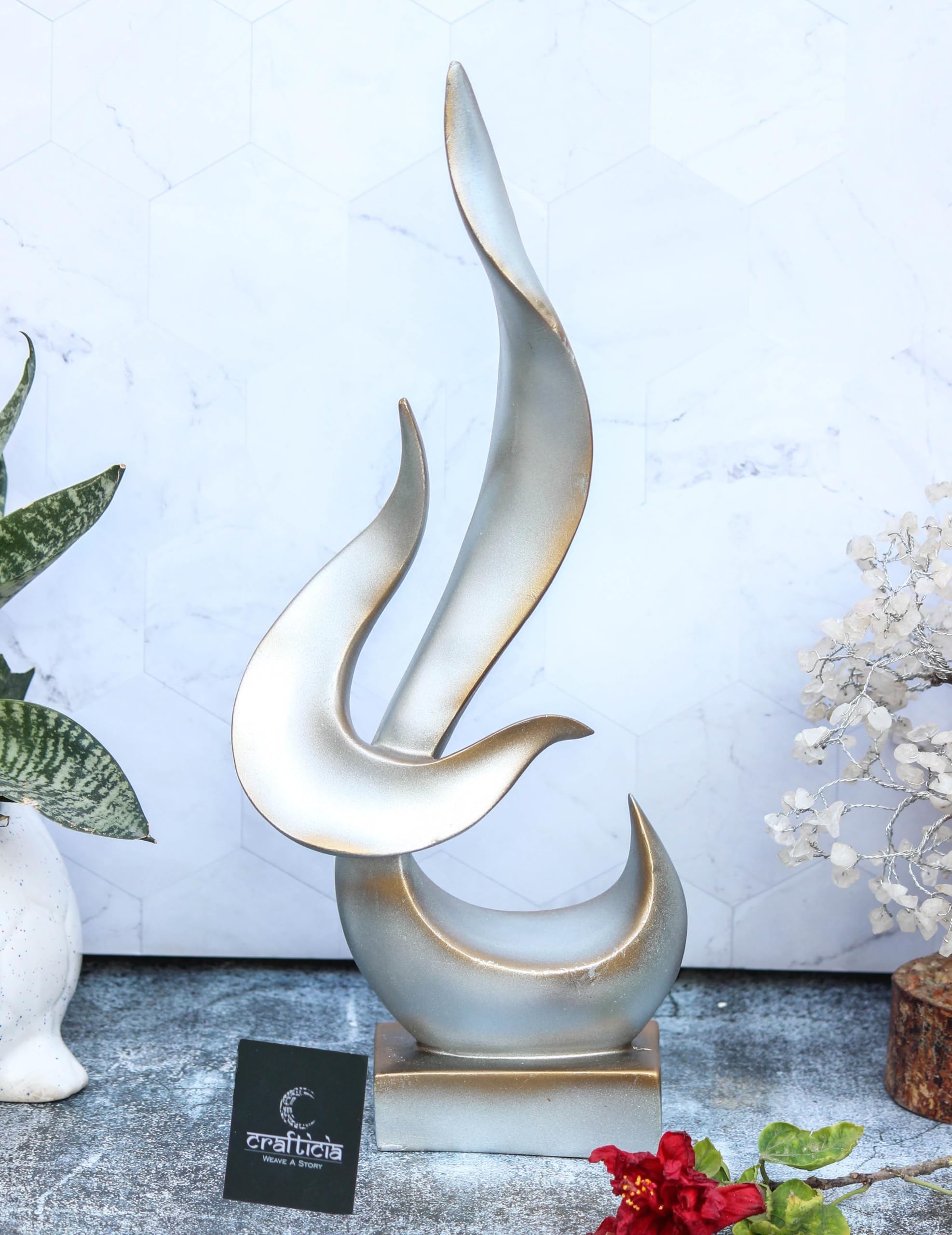 CRAFTICIA Resin Abstract Art Design Sculptures Love Couple Corporate Trophy Creative Showpiece (15 inch, Silver)